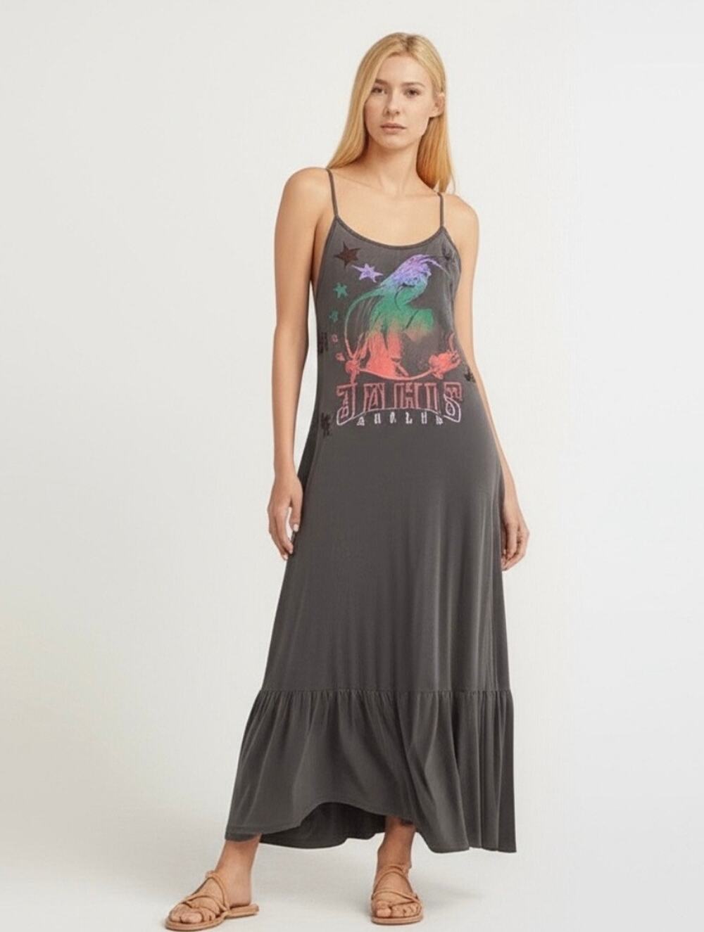 Lauren Moshi x Janis Joplin Graphic Print Cotton Maxi Slip Dress Gray M